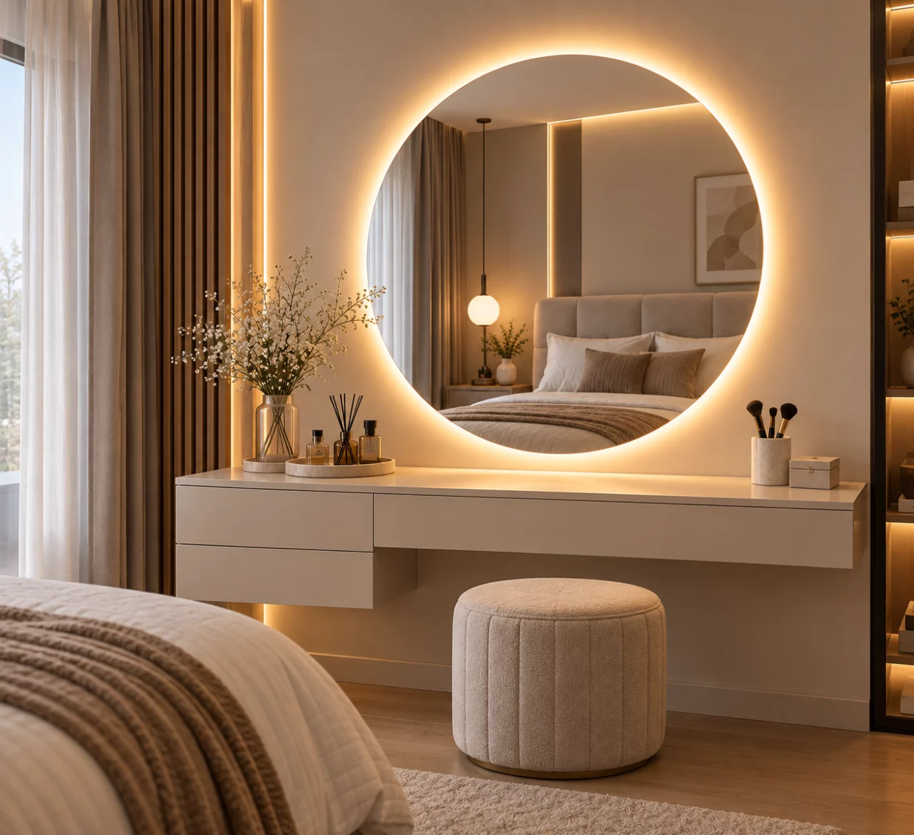 Miroir allumé au-dessus d’une coiffeuse